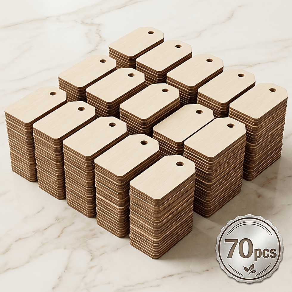 TEMU 70pcs Blank Wooden Rectangle Tags With Hole Wood Pieces Festival Hanging Ornaments Crafts Handmade Bookmarks Painted Painting Wood Pieces Gift