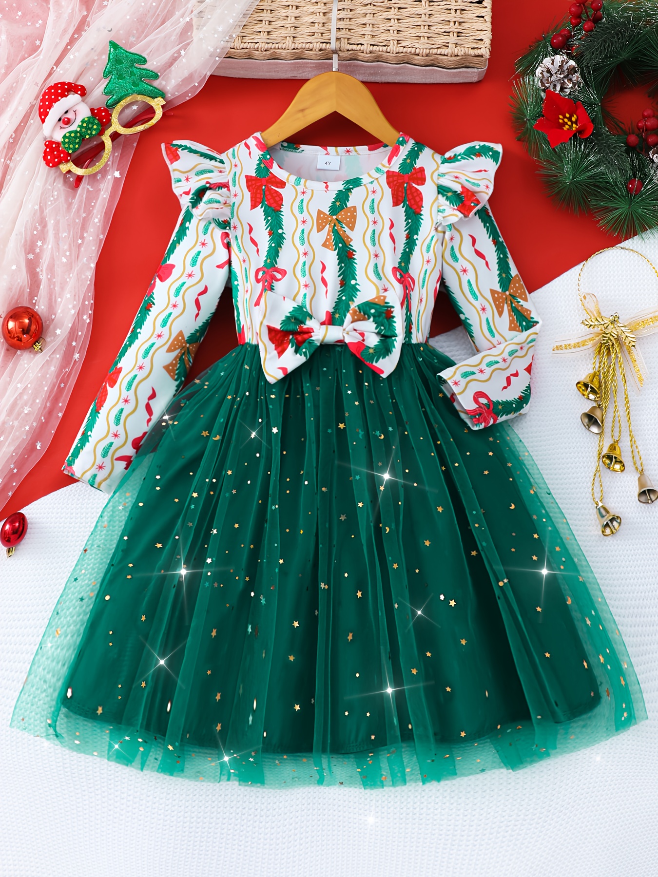 Long Sleeve Christmas Party Dress Red Outfit with Flared Skirt,  Knee-Length Formal Casual Attire for, Easy-to-*