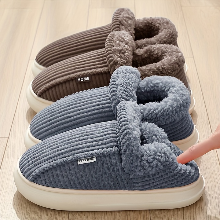 fzt unisex winter cotton slippers with plush   casual minimalist striped indoor house shoes with   3cm pvc sole round toe slip on slippers for   fabric upper warm non slip details 1