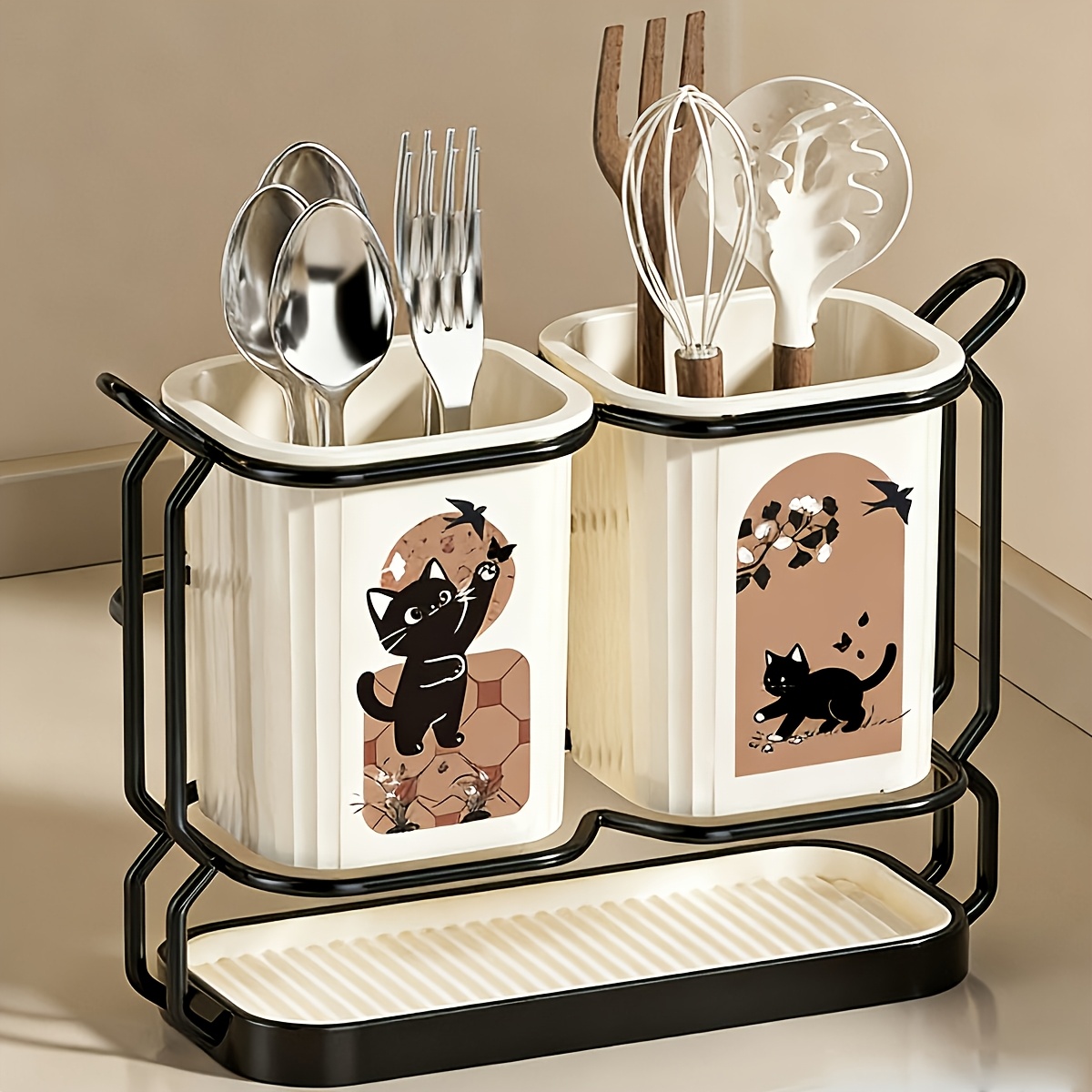 TEMU Étagère de Rangement pour Ustensiles de Cuisine avec 2 Seaux à Ustensiles, Convient pour Comptoir et Montage Mural, Dotée d'un Bac d'Égouttage