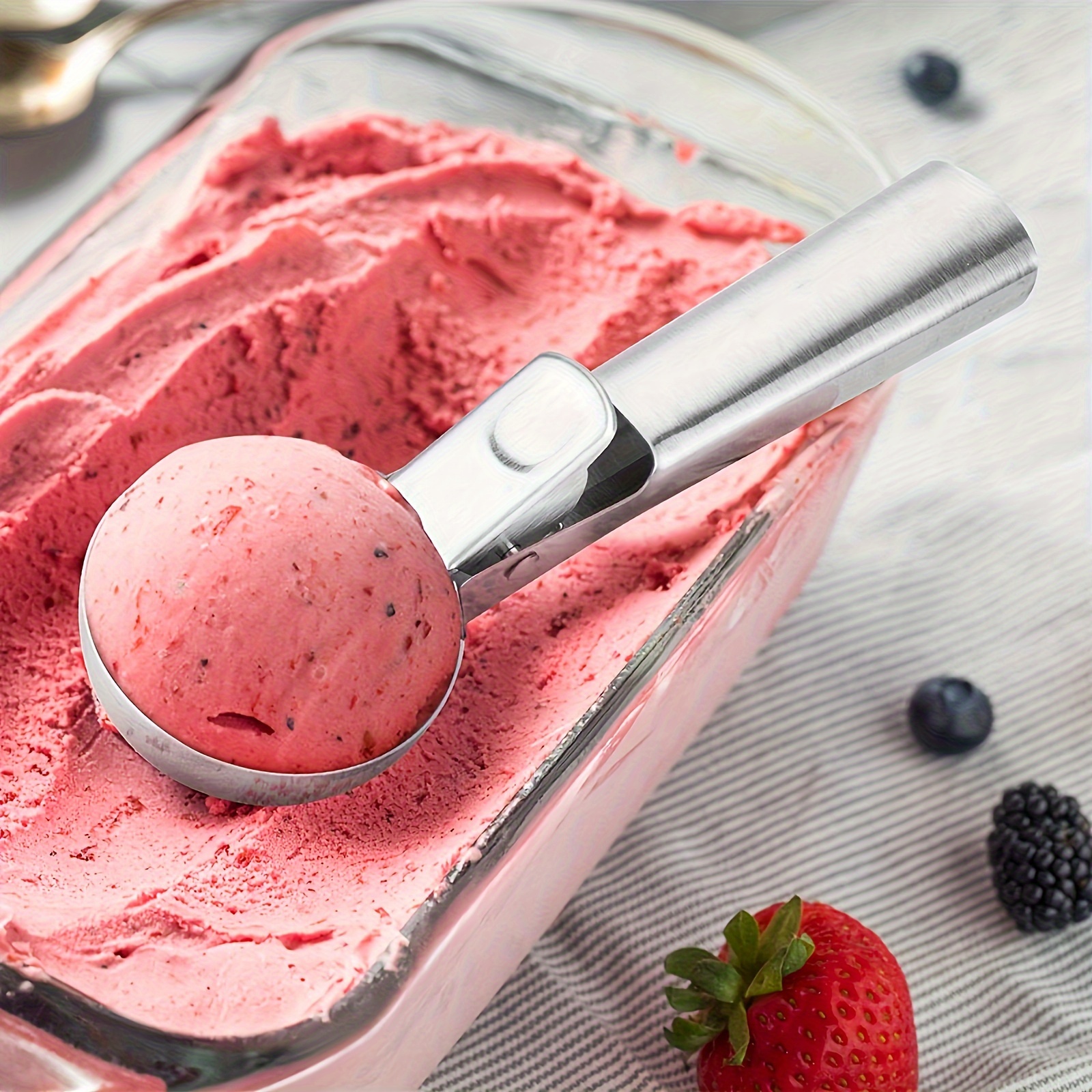 TEMU 1pc, Ice Cream Scoop, Melon Spoon, Stainless Steel Spoon For Baking, Ice Cream Digger Spoon With Trigger, Modern Dough Scoop, Reusable Melon