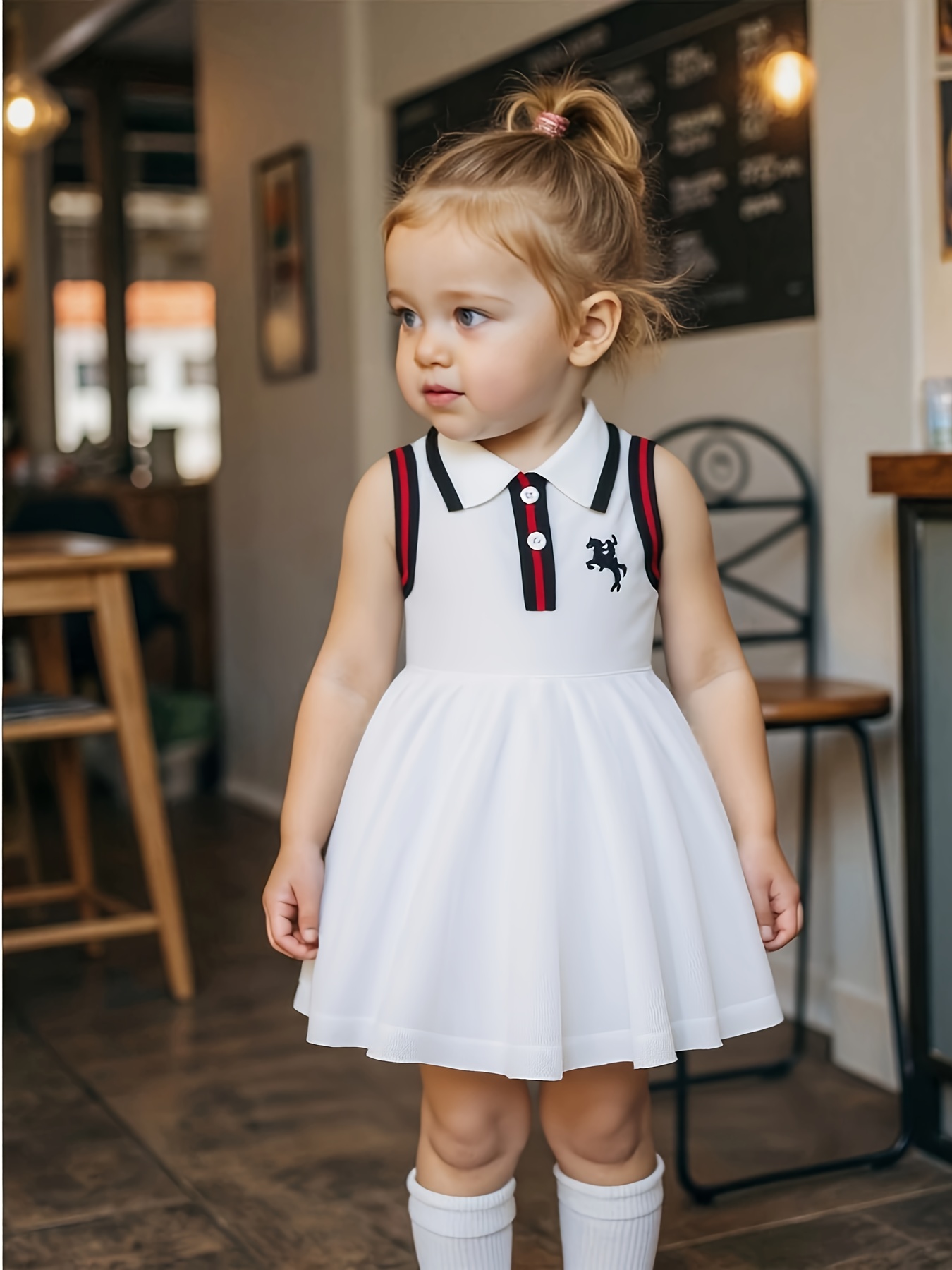 Toddler Sleeveless A-Line Dress - Vibrant Green with Black & White Striped Design, Button-Up Collar, Perfect for Summer Outdoor Activities, Youngsters' Fashion, Casual Wear|Sporty Style|Strapless Design, Youngsters Dress