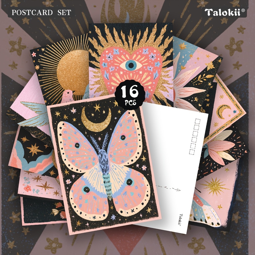 TEMU 16pcs Celestial Mystical Postcard Set, Whimsical Art Postcard Set For Gifting, Journaling, Scrapbooking, Wall Decor, And Collecting With Glitter