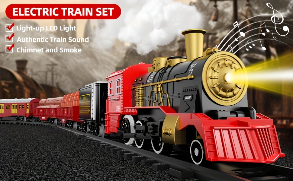 kids christmas train set with smoke lights sounds 6 cars 28 tracks red black perfect birthday gift for     playset   design durable construction train playset Product details 0
