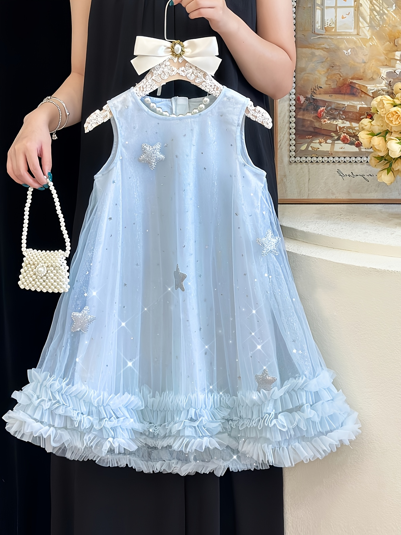sachin and babi light blue dress Stella McCartney Kids Shooting Star Embroidered Silk Dress | Black main image 0