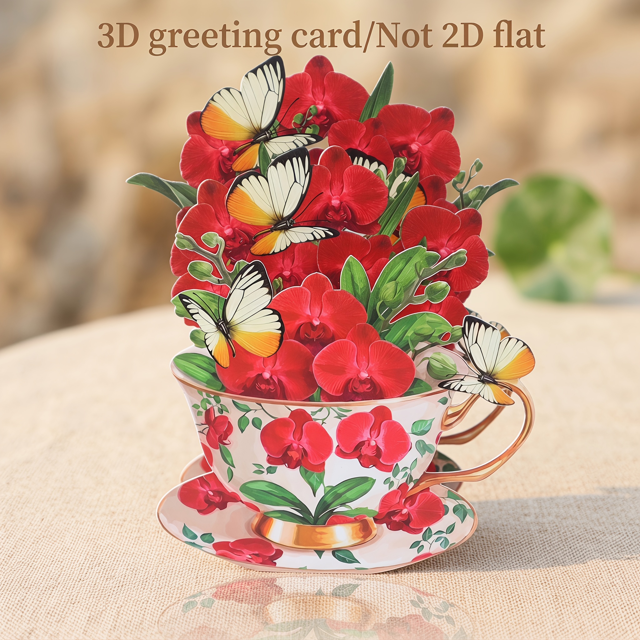TEMU 1 Handmade 3d Pop-up Red Phalaenopsis Orchid Teacup Greeting Card, Featuring A Unique Laser-cut Design. Suitable For , Valentine's Day,