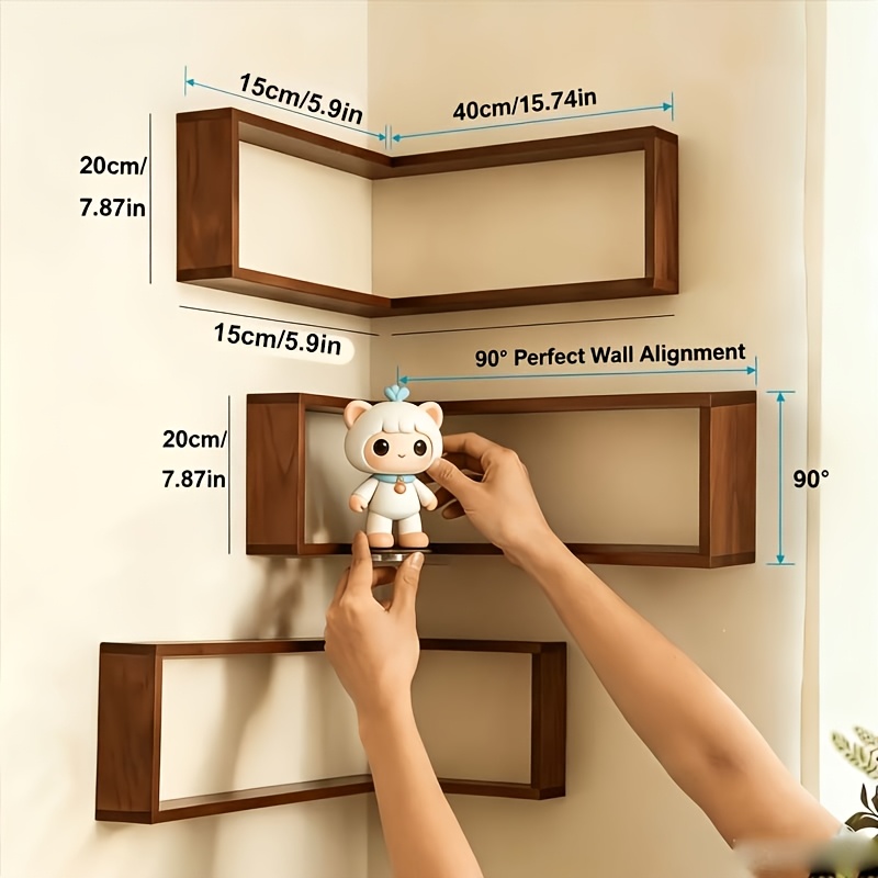 TEMU 1pc L-shaped Floating Corner Stand Solid Wood Wall Mounted Collectible, Doll, Home Decoration Display Stand, Collectible Corner Stand, Suitable
