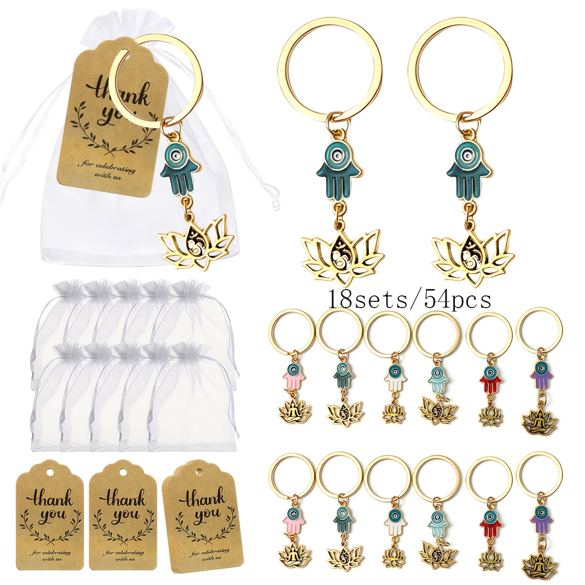 54pcs Vintage Ethnic Style Palm Lotus Flower Pendant Keychain Pack