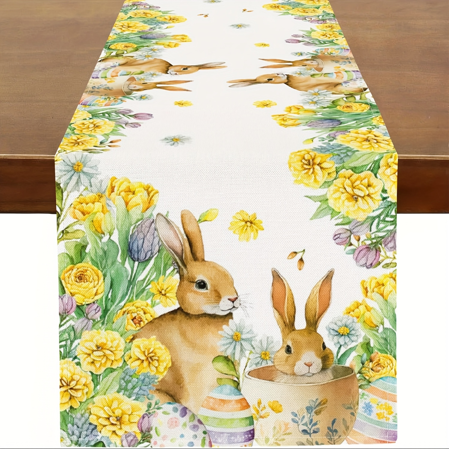 

1pc,linen Easter Table Runner Bunny Rabbits Yellow Dahlia Floral Runner For Table Kitchen Dinning Table Decor For Spring Seasonal Easter Decoration 13x48/13x72/13x108/inch