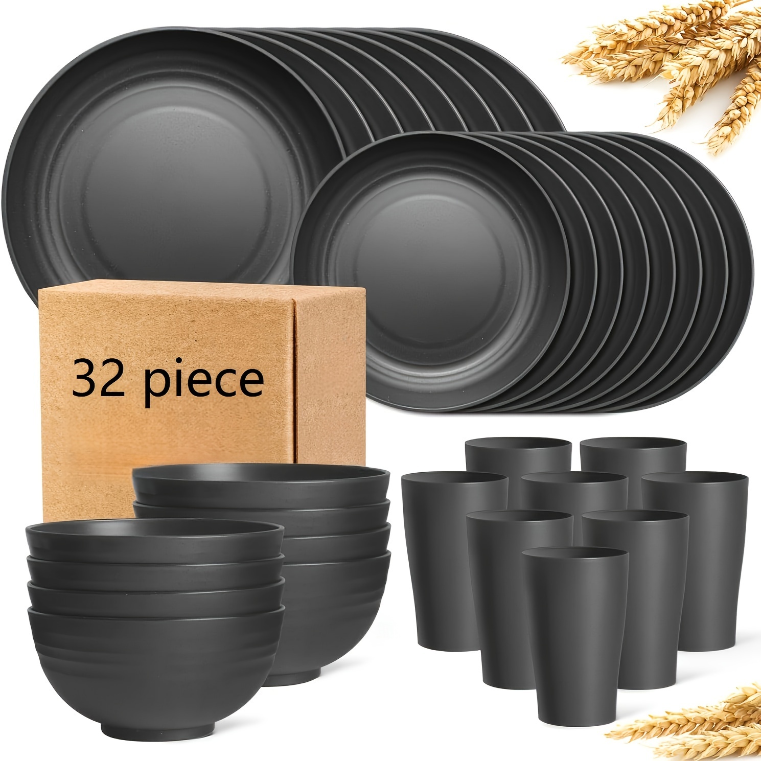 

32pcs Kitchen Plastic Tableware Set, Serving 8 People, Dining Plate, Dessert Plate, Cereal Bowl, Cup, Unbreakable Colored Plastic Outdoor Camping Tableware, Black