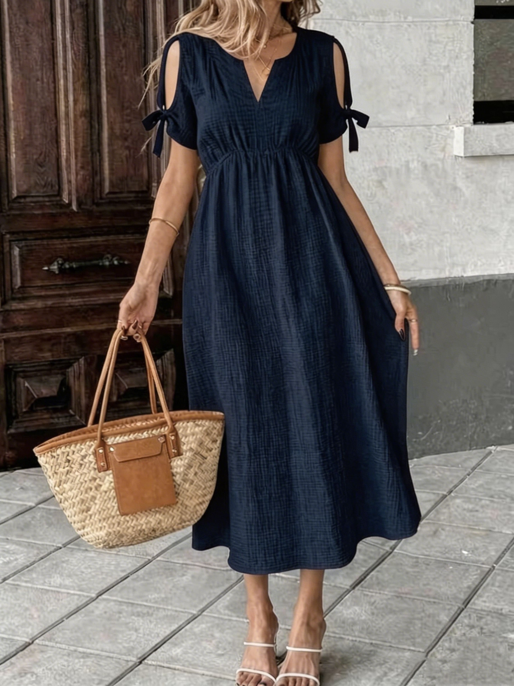casual modern dress Women'S *-Length Dress, Bohemian Style Dress, A-Line Dress, Summer Dress, Pleated Dress, Elegant And Fashionable, Daily Outdoor Loose Fit, Solid Color Short Sleeve V-Neck A long skirt length shibori dress Stylish Country Club Attire: Learn Size:EU 46