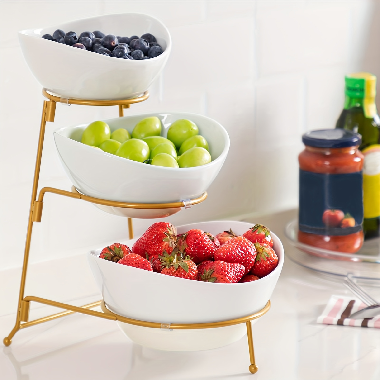 DIY Tier Oval Bowl Set with Metal Rack, Ceramic Fruit Bowl Serving,  Tiered Stand for Dessert, Appetizer, Cake, Candy, Chip Buffet, Wedding, 