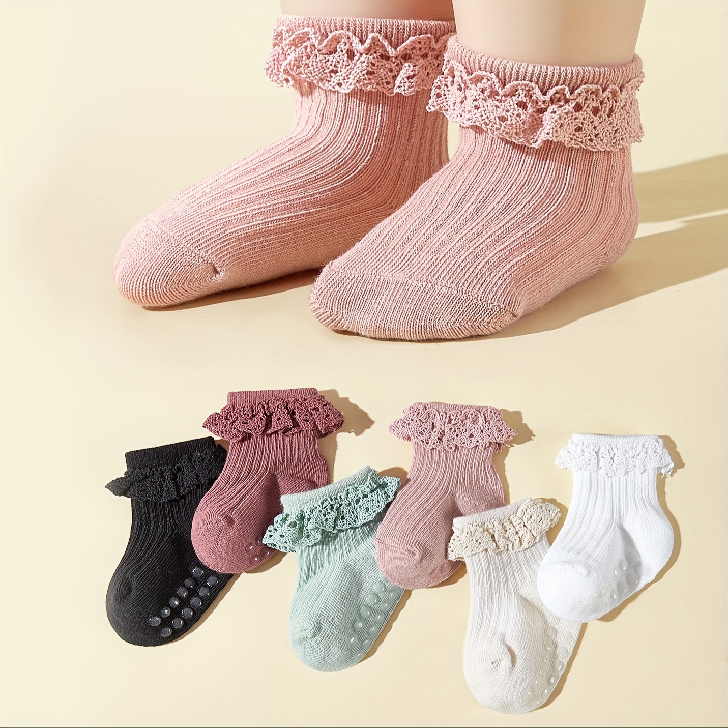 

6 Pairs Of Girl's Non-slip Socks, Lace Bottom Rubber Dot Cotton Blend Comfy Breathable Soft Socks For Toddler Wearing
