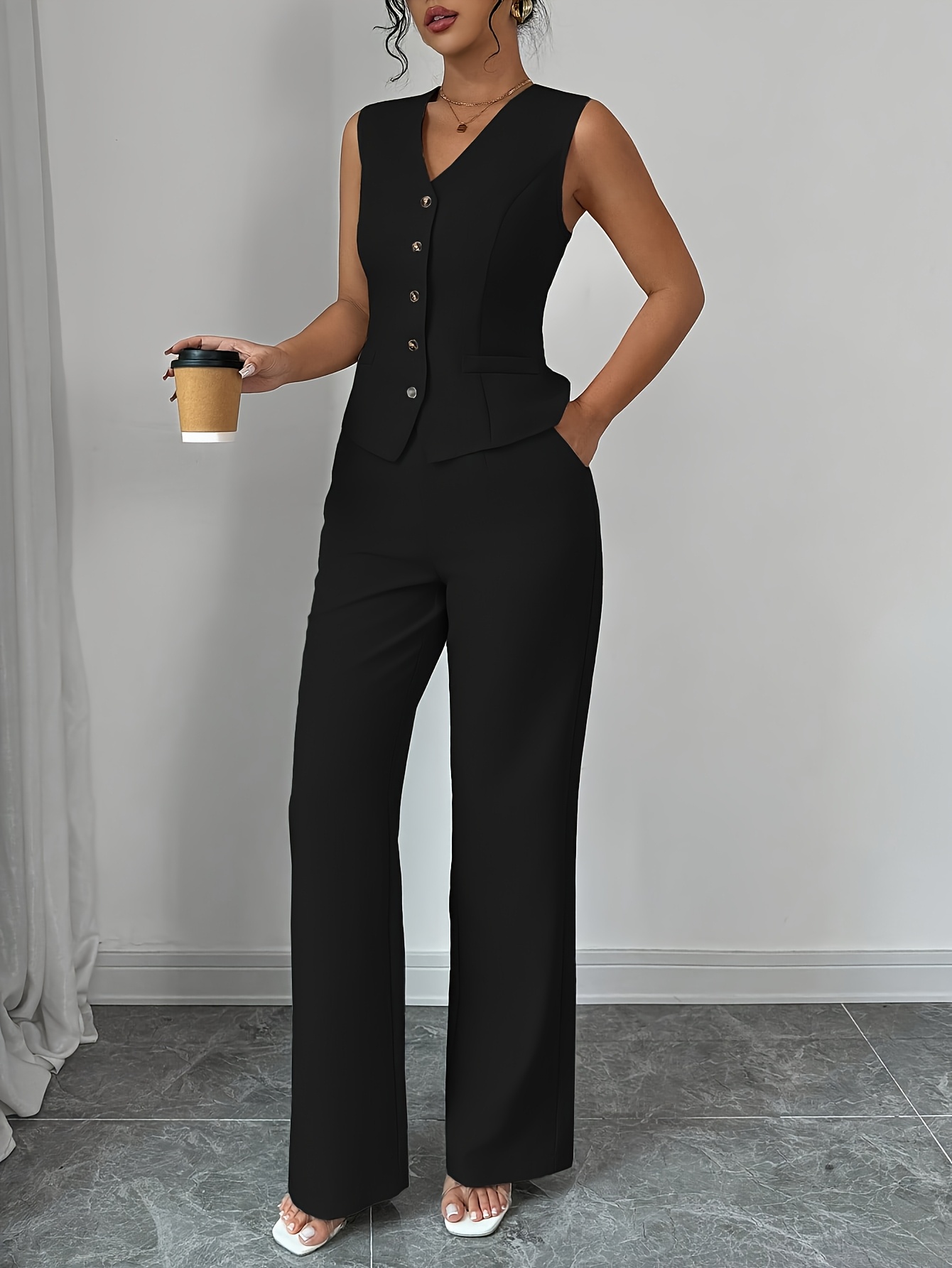 new summer womens casual elegant chic solid color sleeveless single breasted waist cinching vest high waist wide leg pants 2pcs set