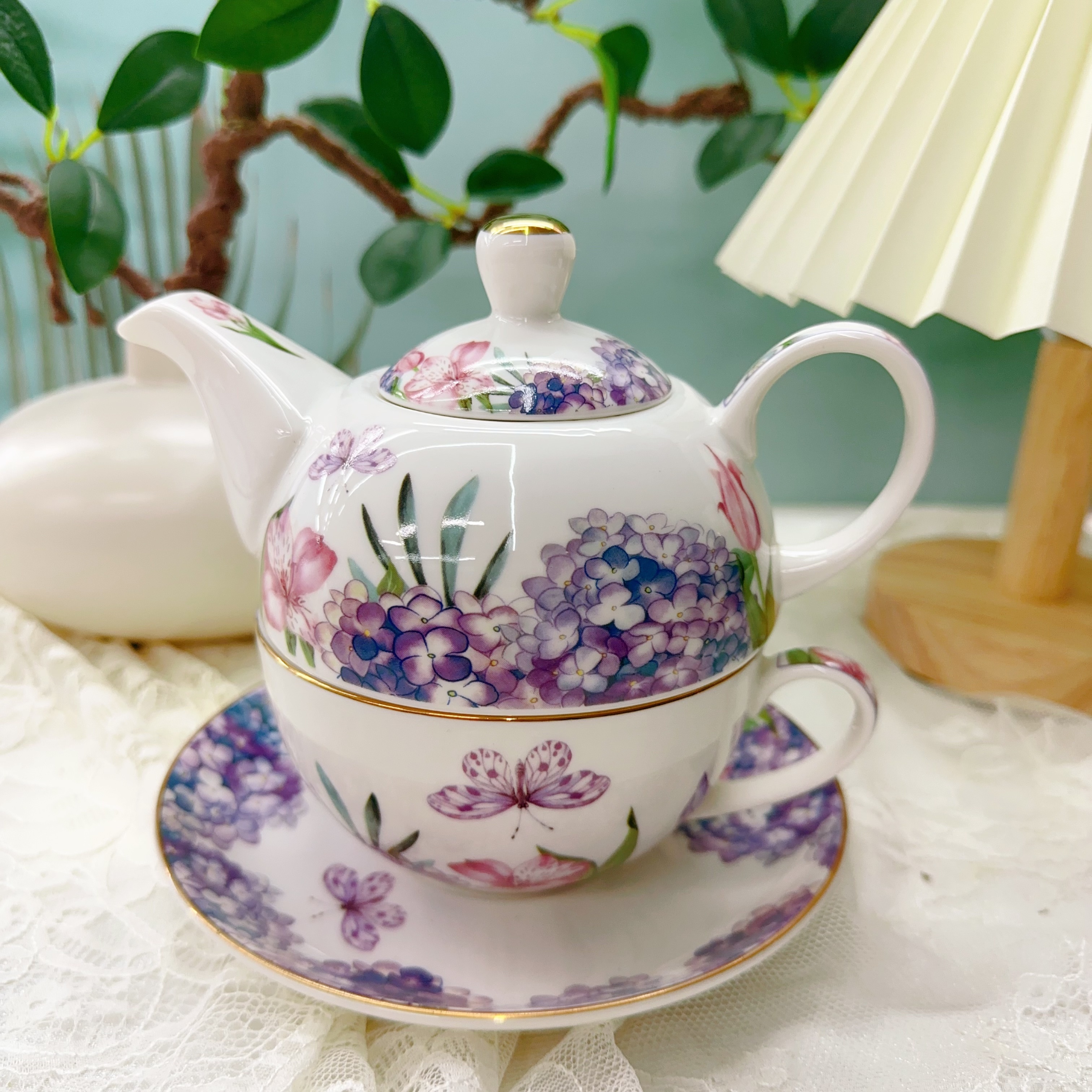 1 Set European-style Exquisite Purple Hydrangea Ceramic Mother And Son Pot Single Pot 1 Pot 1 Cup 1 Plate Gift Box