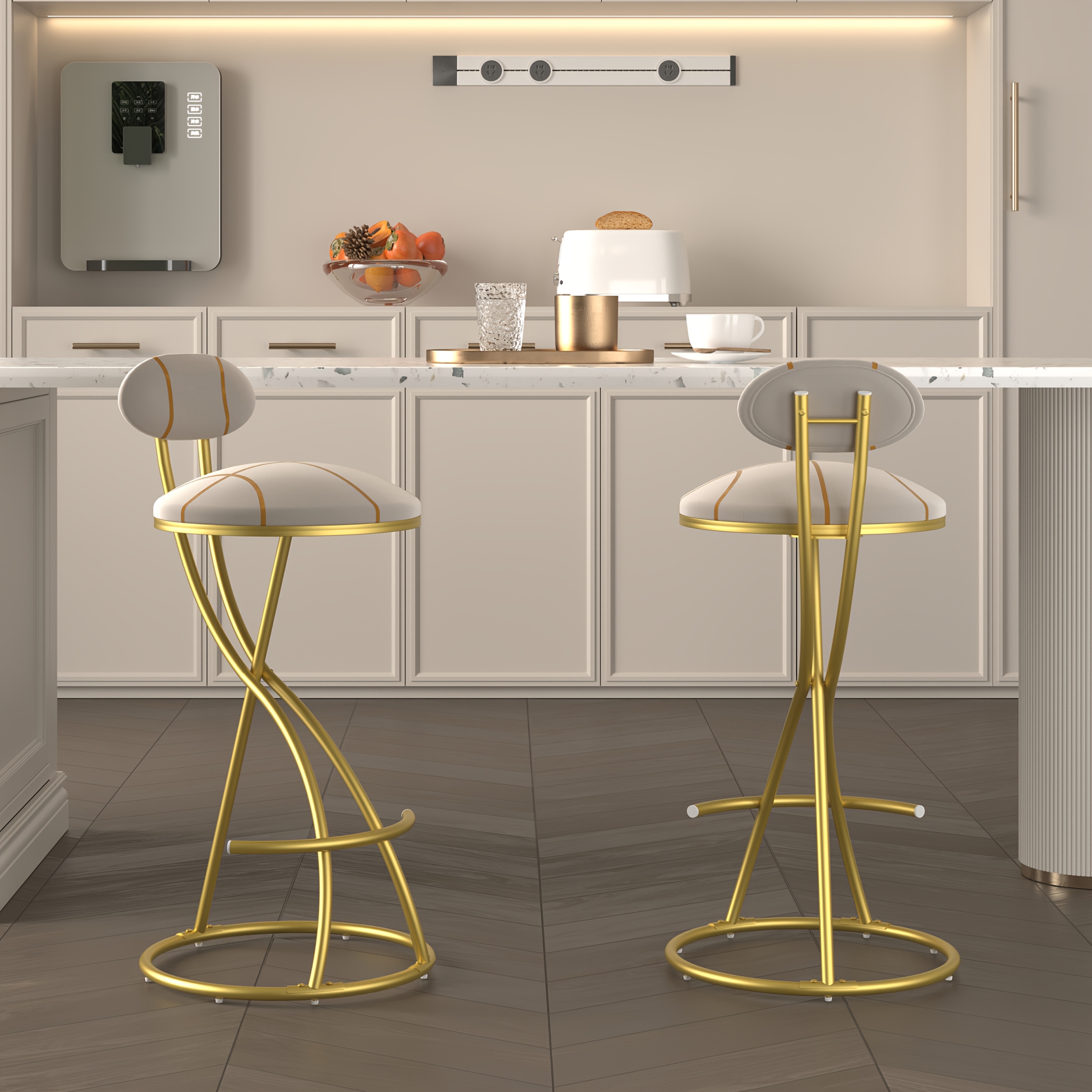 Pair of Contemporary Velvet Bar Stools with Counter Height, Featuring a Golden Metal Frame And S-Shaped Stripe Backrest, Upholstered Round Chairs Inspired by Basketball And Soccer, Complete with Footrest for Dining Areas, Kitchens, And Bars