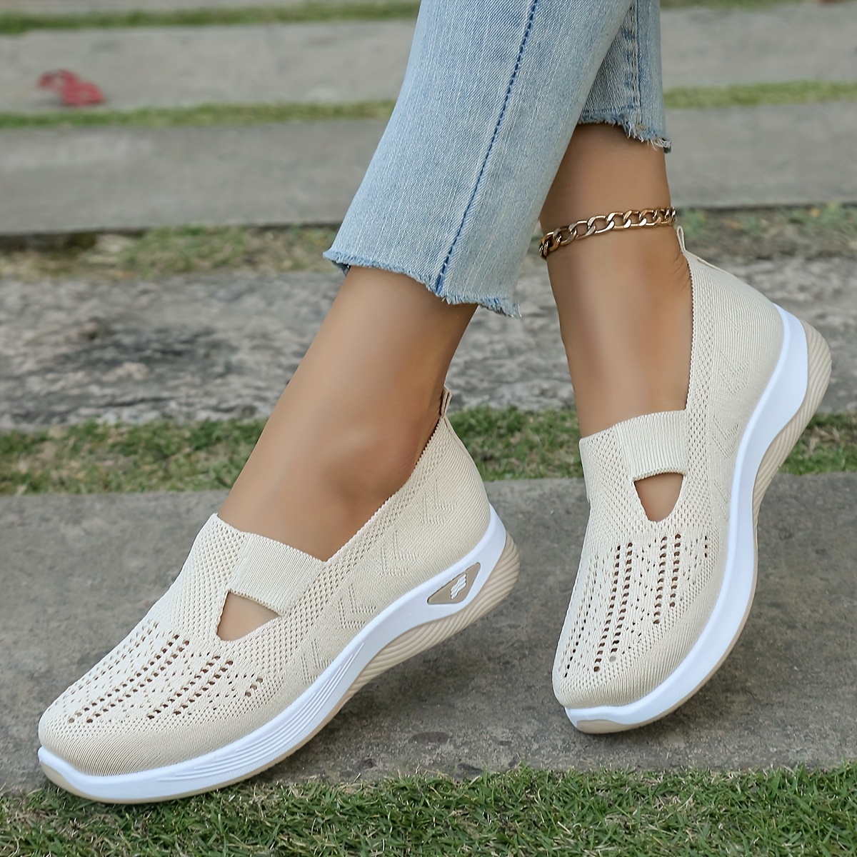 1 Pair Women'S Breathable Open Toe Sneakers, Casual All-Season Slip-On Walking Shoes, Lightweight Flat Sole with Solid Color Design, Comfortable Fabric Upper/Inner and Faux Sole