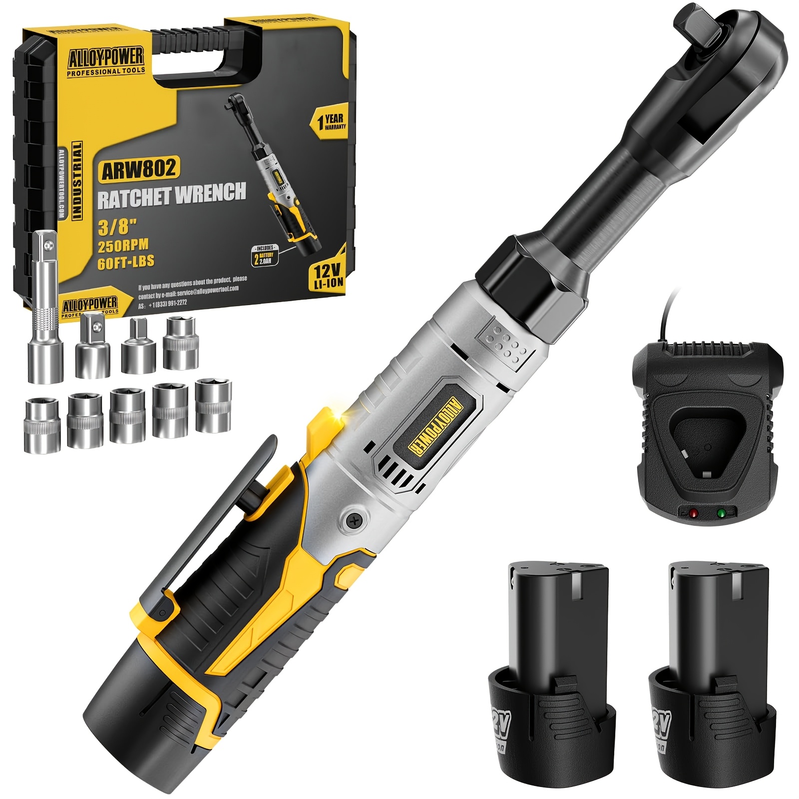 3 8 cordless ratchet wrench set 60ft lbs 80n m electric ratchet 12v extended power variable speed led light 6 sockets 1 4 1 2 adapters 2 rechargeable   2 batteries 7