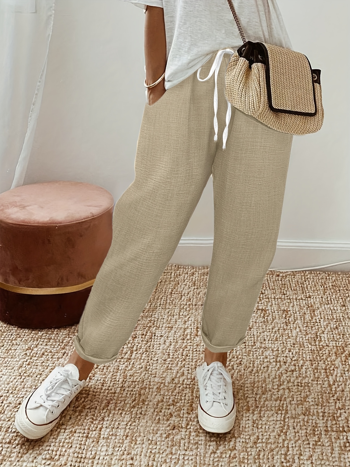 womens casual elastic waist cropped pants drawstring Temu United