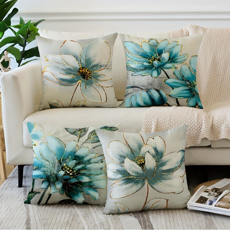 

4pcs Floral Pillow Covers, Blue Flower Cushion Covers With Hidden Zipper, Home Decor For Sofa Bedroom Farmhouse, 18inxhx18inch No Pillow Insert, Country Style Style