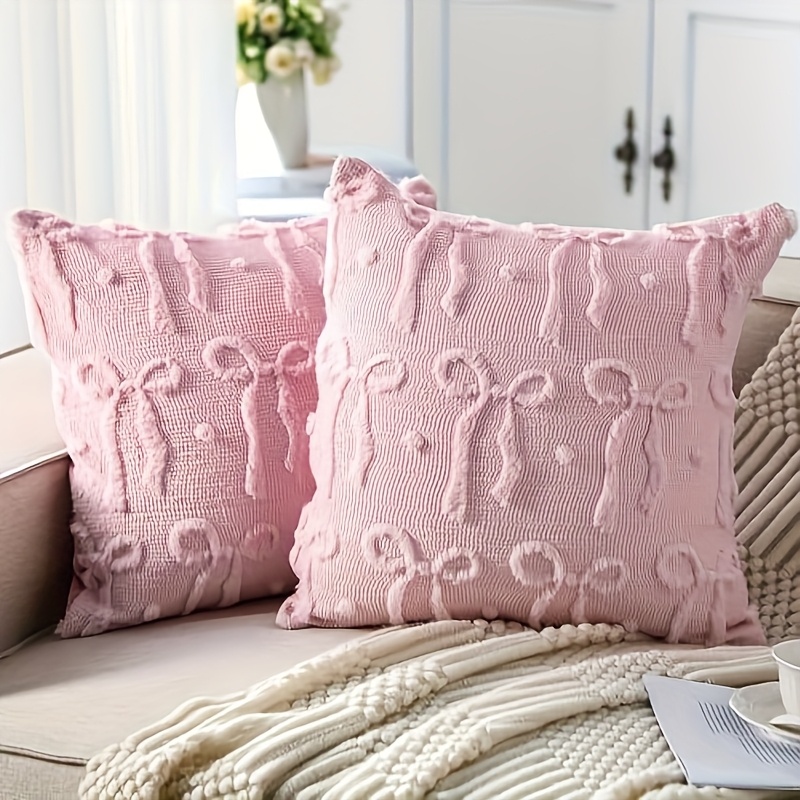 E-shop Rosa Schleife Kissenbezug, 18x18 Zoll dekorativer Kissenbezug, weicher Plüsch ästhetischer Kissenbezug, Preppy-Zimmerdekor für Bett, Sofa,