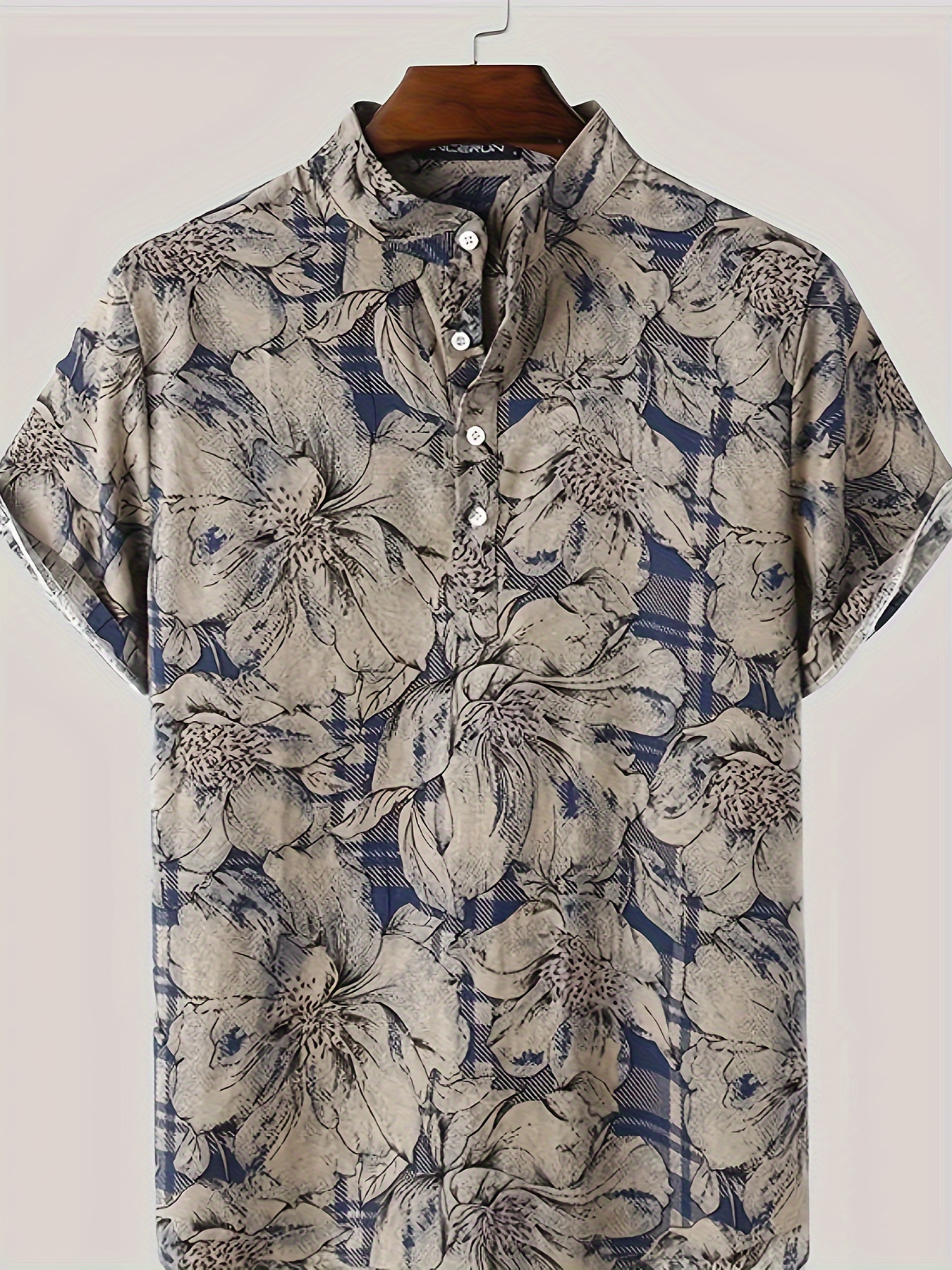 floral print short sleeve henley shirt mens casual cotton and linen blend stand collar short sleeve henley shirt for summer holiday 0