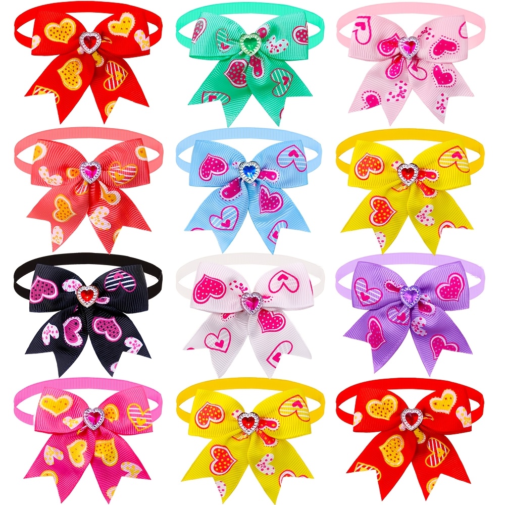 TEMU 20pcs Adjustable Dog Bow Ties - Multi-style Summer Pet Collars With Floral, Polka Dot, Glitter & Heart Patterns, Soft Fabric For Small , Vibrant