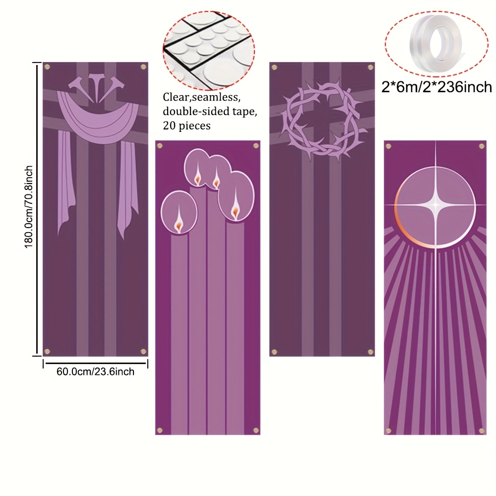 TEMU 4pcs, Church Banners, Theme Patterns, Polyester Party Banners, Hanging Signs Churches Wall, Celebrations, Gifts, School Church Decorations