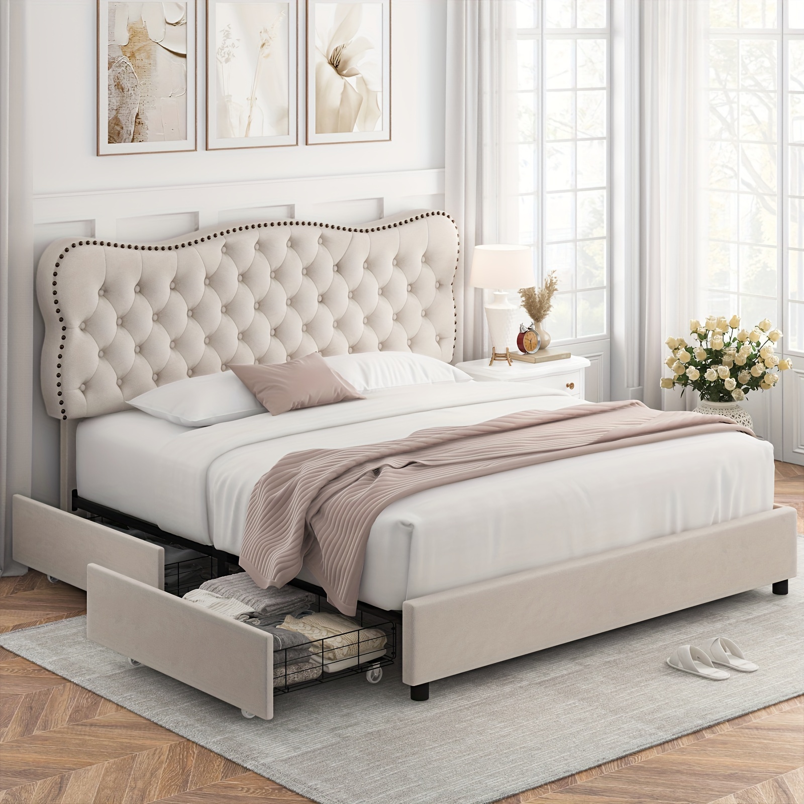 

Fultru Full/ Queen/king Bed Frame With 4 Storage Drawers, Upholstered Platform Bed Frame With Button Tufted Headboard, Heavy Duty Mattress Foundation With Wooden Slats, No Box Spring Needed