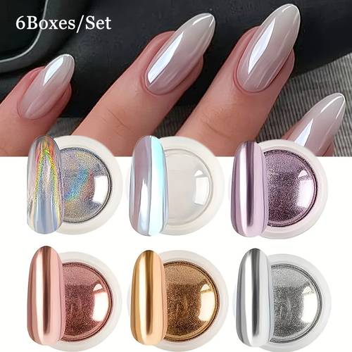 imagen del artículo 6 cajas/set de polvo de para uñas con adornos | espejo , , aurora, set de polvo iridiscente, polvo de láser plateado dorado de , dióxido de titanio no descolorante para decoración de salón de uñas