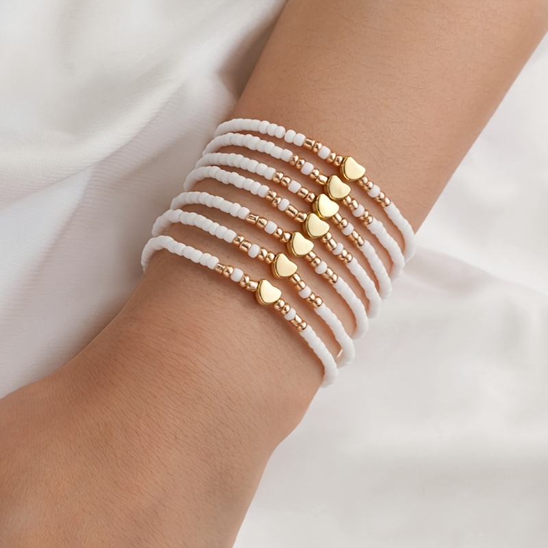 Image of 7pcs Bohemian Colorful Rice Bead Love Layered Wearing Women's Bracelet Set, Suitable For Holiday Gifts