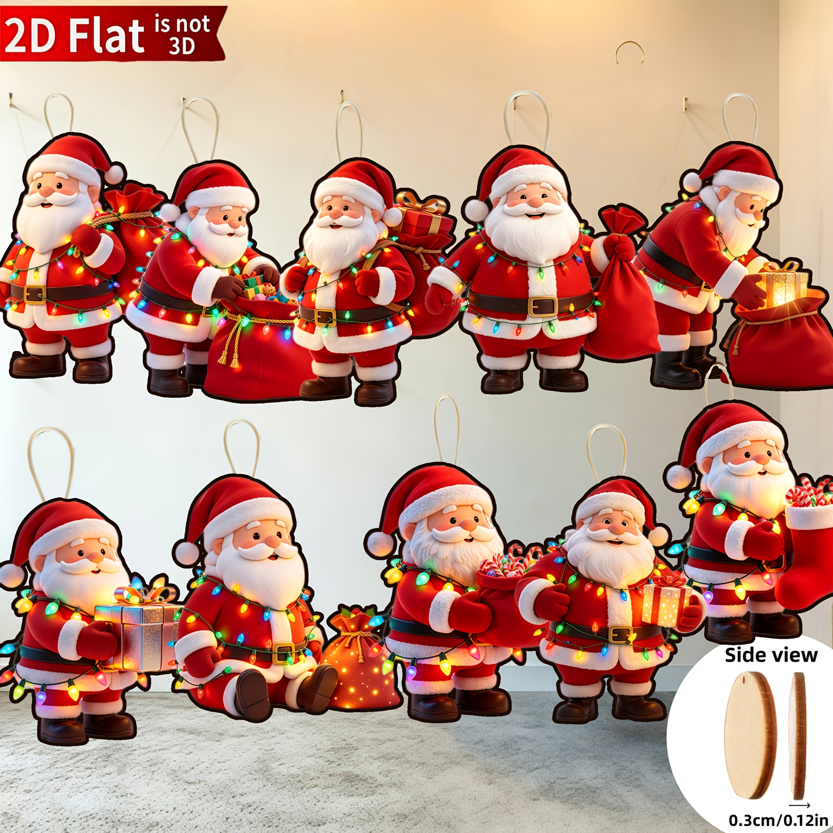 TEMU 2d Flat, 10pcs Santa Claus And Gift Pattern Wooden Ornaments, Christmas Party Decoration Set, Suitable For Tree Display, Mini Holiday House