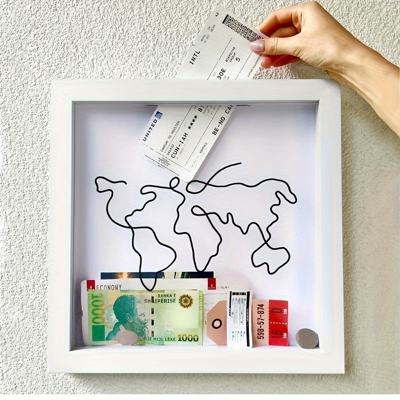 

World Map Shadow Stub Holder - Rustic Wooden Frame For Travel Memories, & Keepsakes - Memory Box Frame Wall Art For Living Room, Office, Home Decor - Collectible Display Case