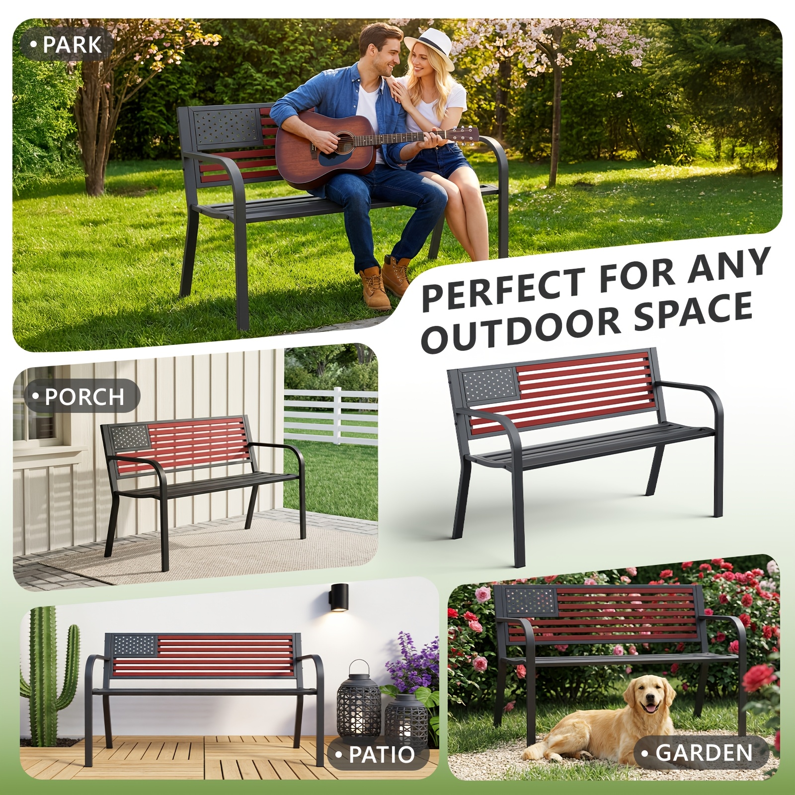 47-inch Pure Iron Casual Bench, Equipped with Ergonomic PVC Mesh Backrest, Non-slip Chair Legs And All-weather Design, Suitable for Outdoor, Garden, Yard And Poolside Areas