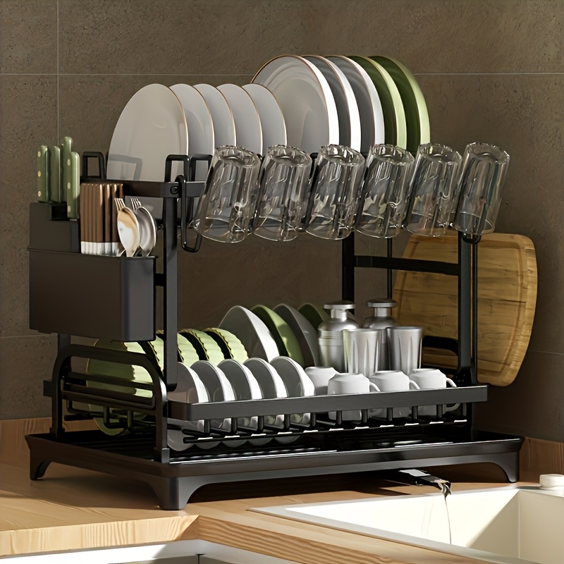 Two-tier Dish Drying Rack Set With A Drip Tray, Featuring A Drainage Grid And Holders For Utensils And Cups, Dries Dishes And Them Organized