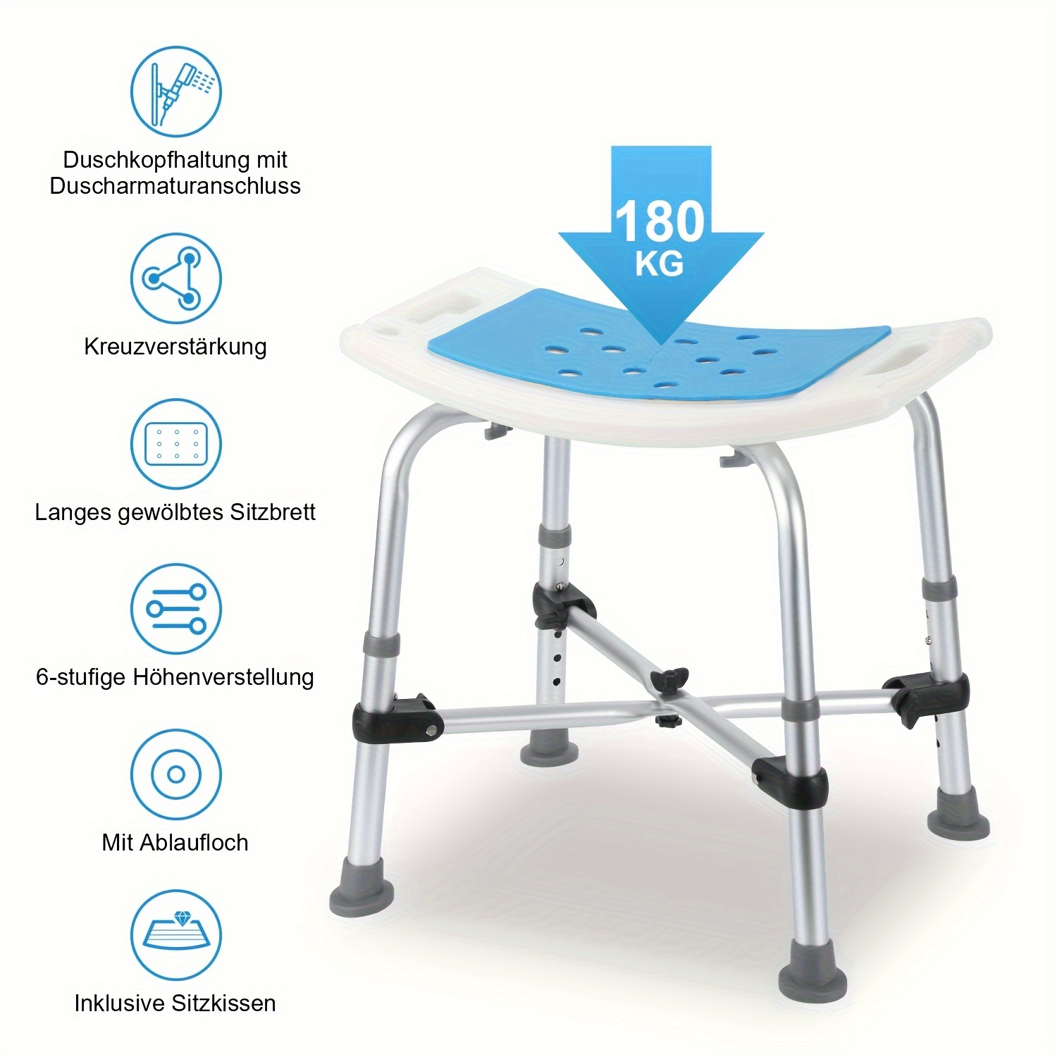 TEMU 180kg Shower Stool For Seniors Adjustable Height Shower Chair With Double Reinforced , Secure Shower Seat With Backrest And Armrests, Bath Stool