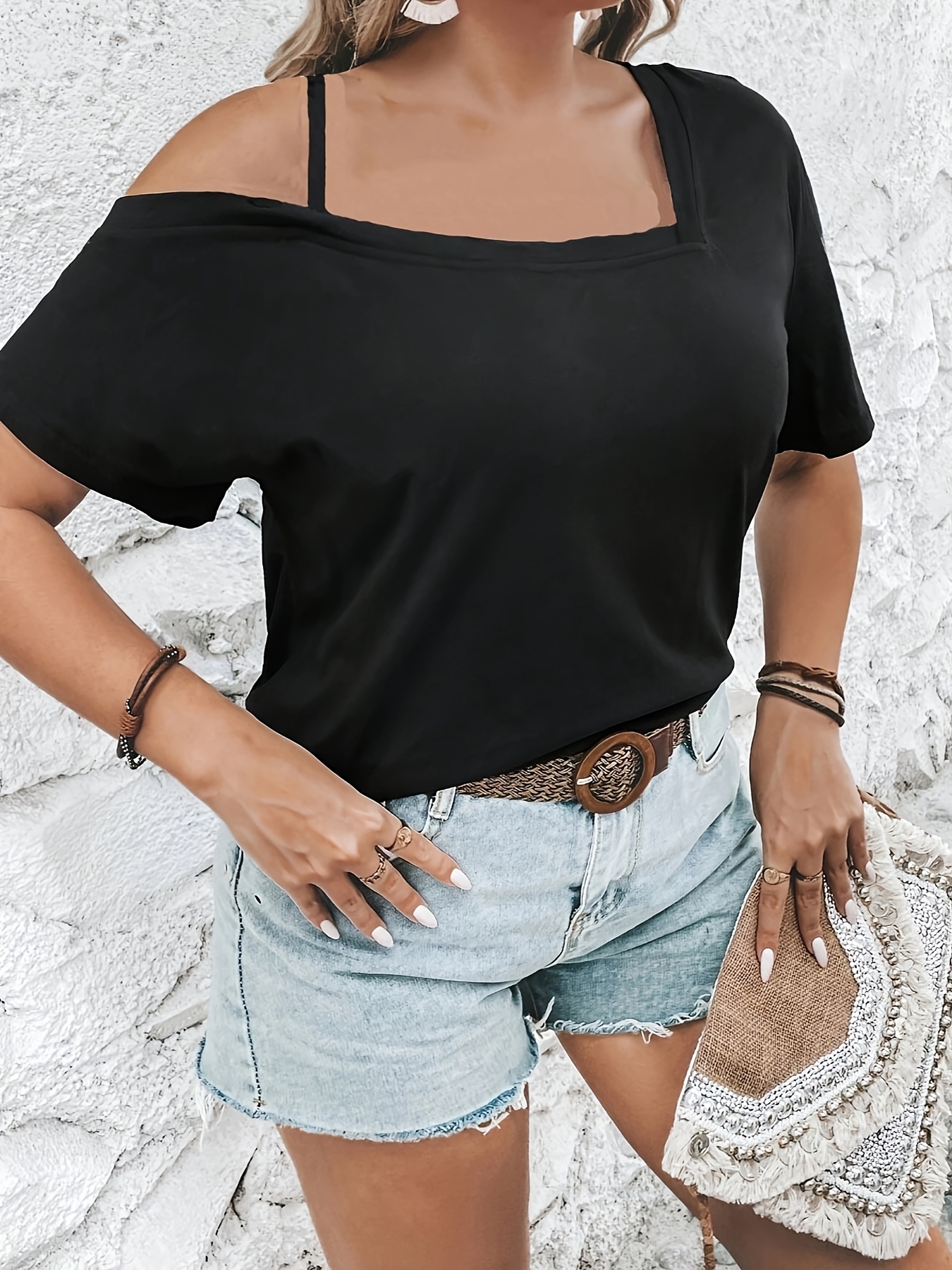 jeans cute off the shoulder tops plus size women's plus size shoulder top elegant solid black short Temu Greece