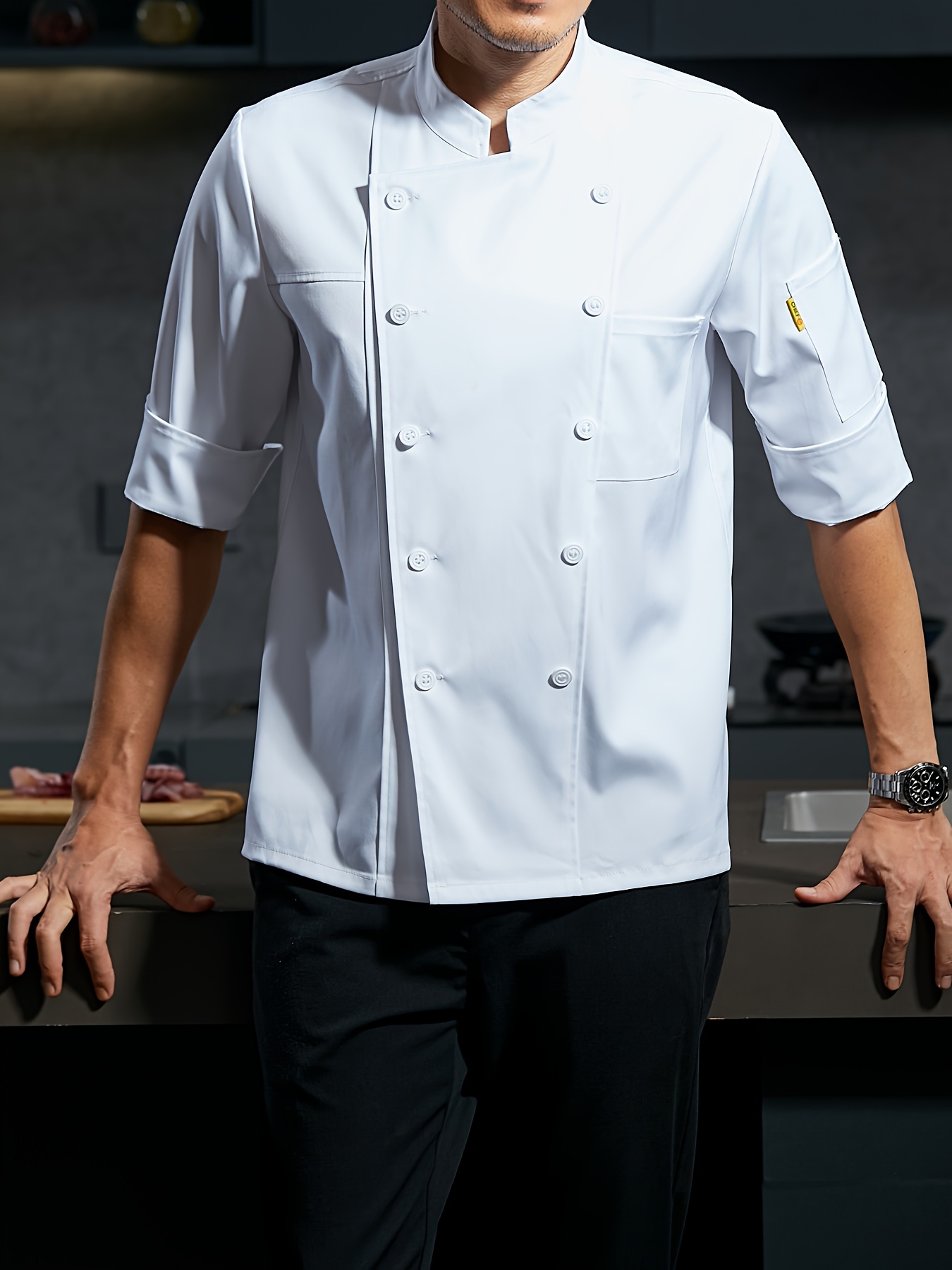 unisex solid color short sleeve and button down chef coat with stand collar professional   with stretchable fabric for cook wear 0