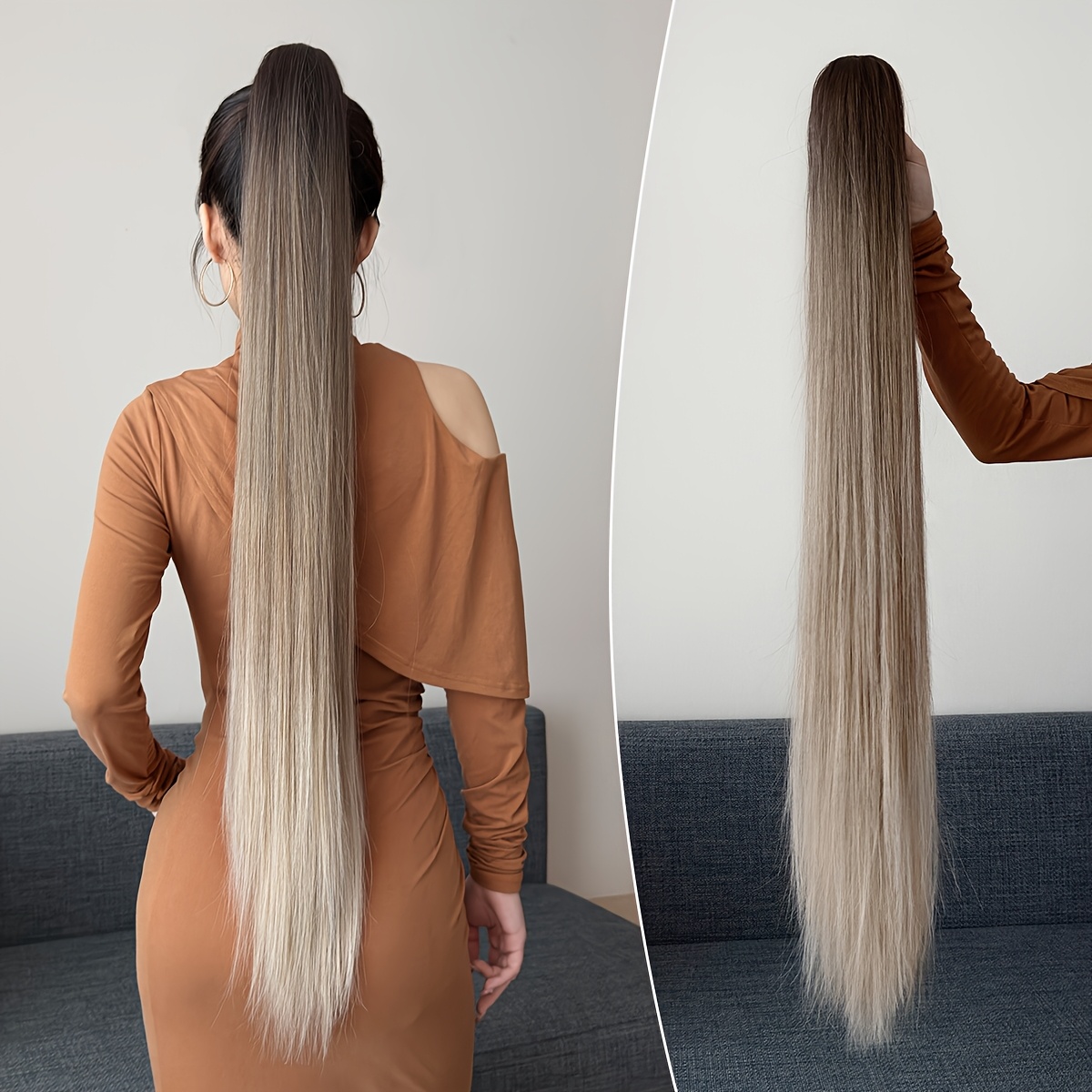 Image of 32" Long Black To Blonde Ombre Claw Clip Ponytail Extension - High-temperature Synthetic Straight Hair For Women, Perfect For Daily Wear, Parties, And Stylish Outfits