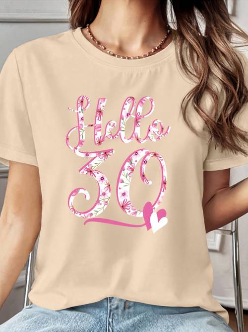 womens hello30 floral heart print short sleeve t shirt soft breathable blouse compatible crew neck washable suitable for spring summer fall birthday outfits casual wear s xxl sizes for daily wear bestie celebrations
