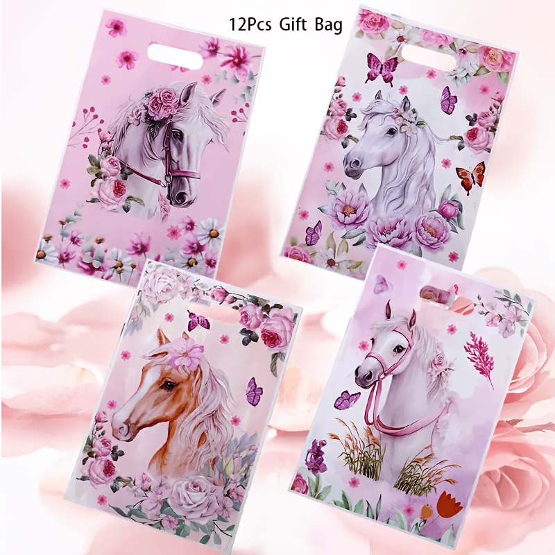 E-shop 12 Stk. neue Pferde-Blumen-Party-Geschenktüten, rosa Schmetterlings-Pferdemuster-Kunststoff-Geschenktüten mit stabilen Griffen, 4 einzigartige