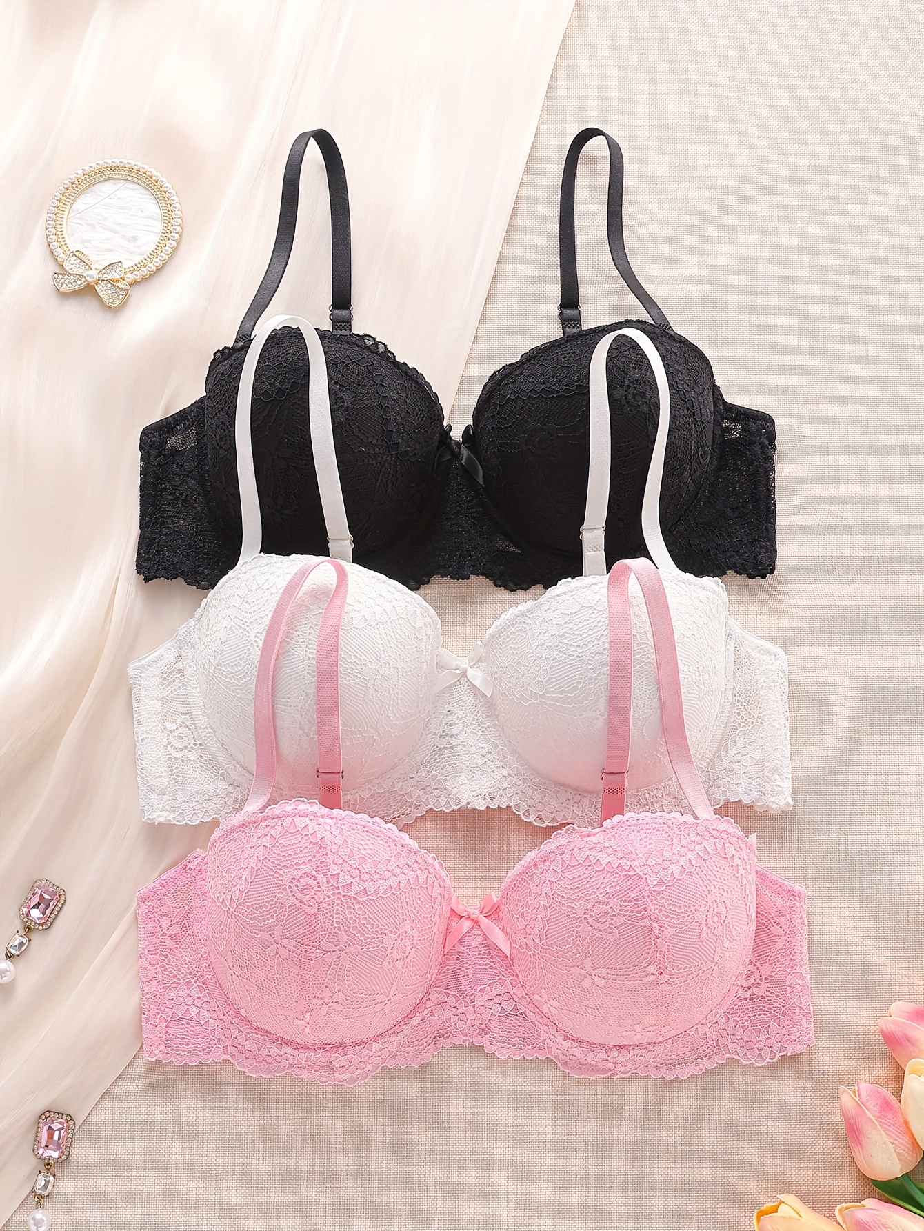 3st sexigt push up bh set med framrosett hög - Temu Sweden