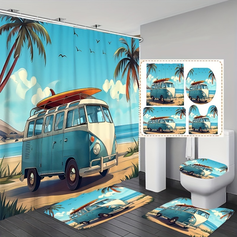 

Beach Camping Van Theme Shower Curtain Set With Hooks, Machine Washable Polyester Woven Bathroom Accessories With Matching Car Patterned Rug And Mat Set