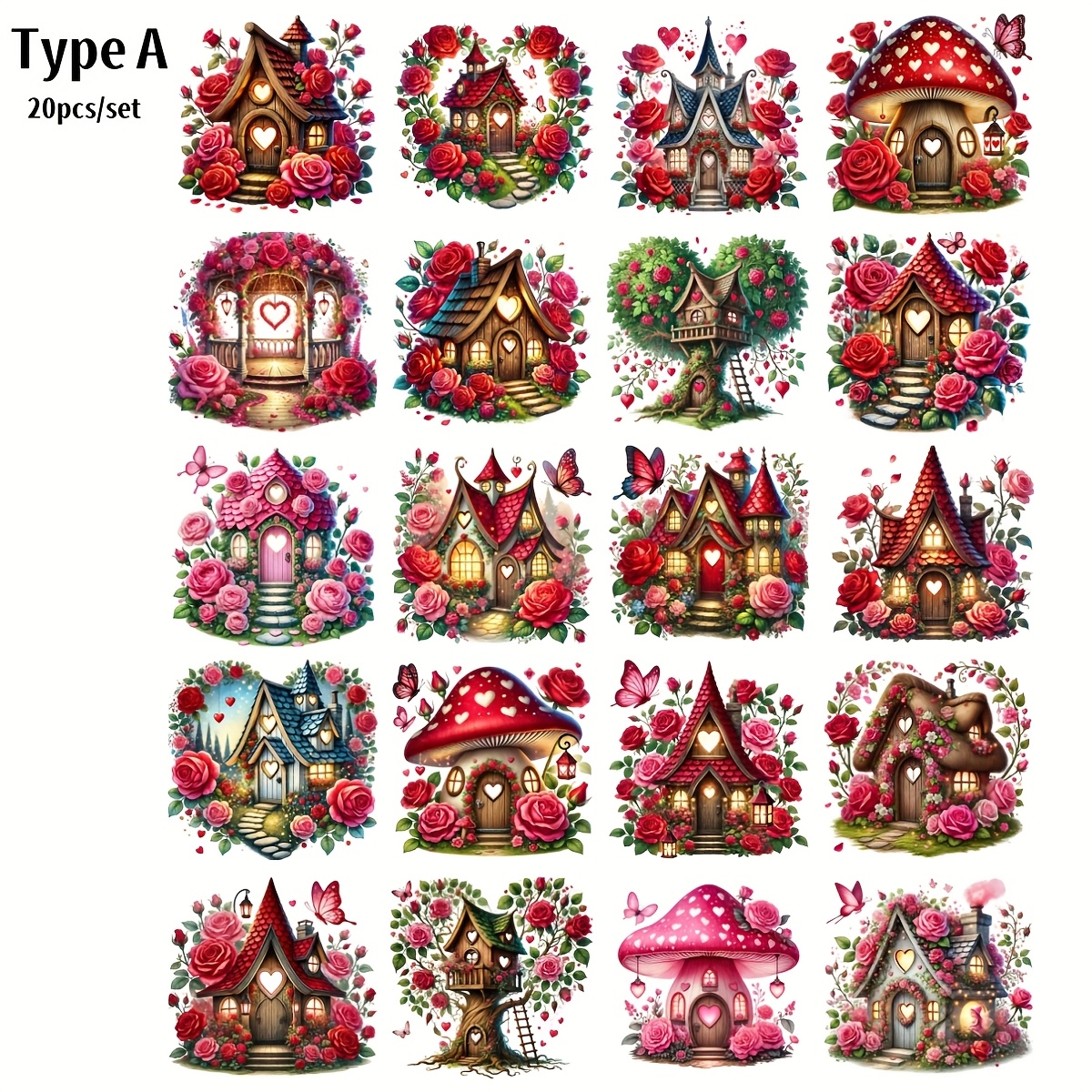 Image of 20pcs/set Handmade Creative Vintage Valentine's Day Tale House Mushroom House Stickers Suitable For Junk Journals, Scrapbooks, Account Albums, Stationery Craft Kits, And Magazine Decorations
