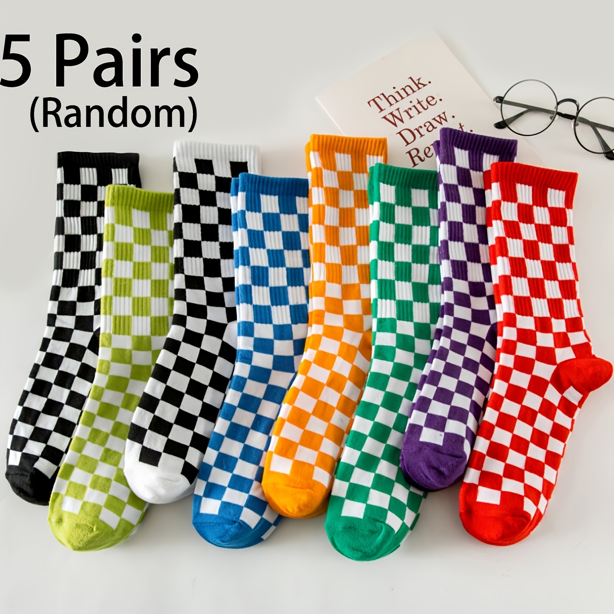 TEMU Random 1/3/5 Pairs Checkered Socks, Colorful Mid-calf Socks, Versatile Unisex Street Style Sports Long Socks, Contrast Color, Non-slip, For