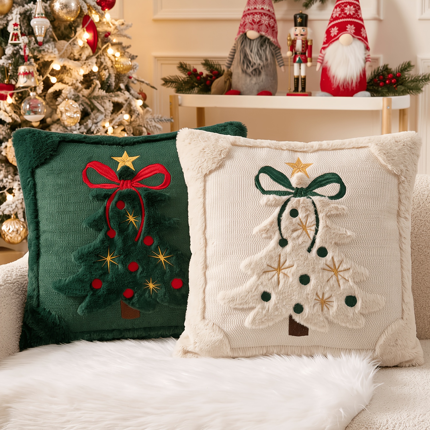 TEMU 2pcs 3d Jacquard Christmas Tree With Bow Throw Pillow Covers, Winter Plush Embroidered Bow & Star Decor Cushion Covers, 18x18 Inch, Farmhouse
