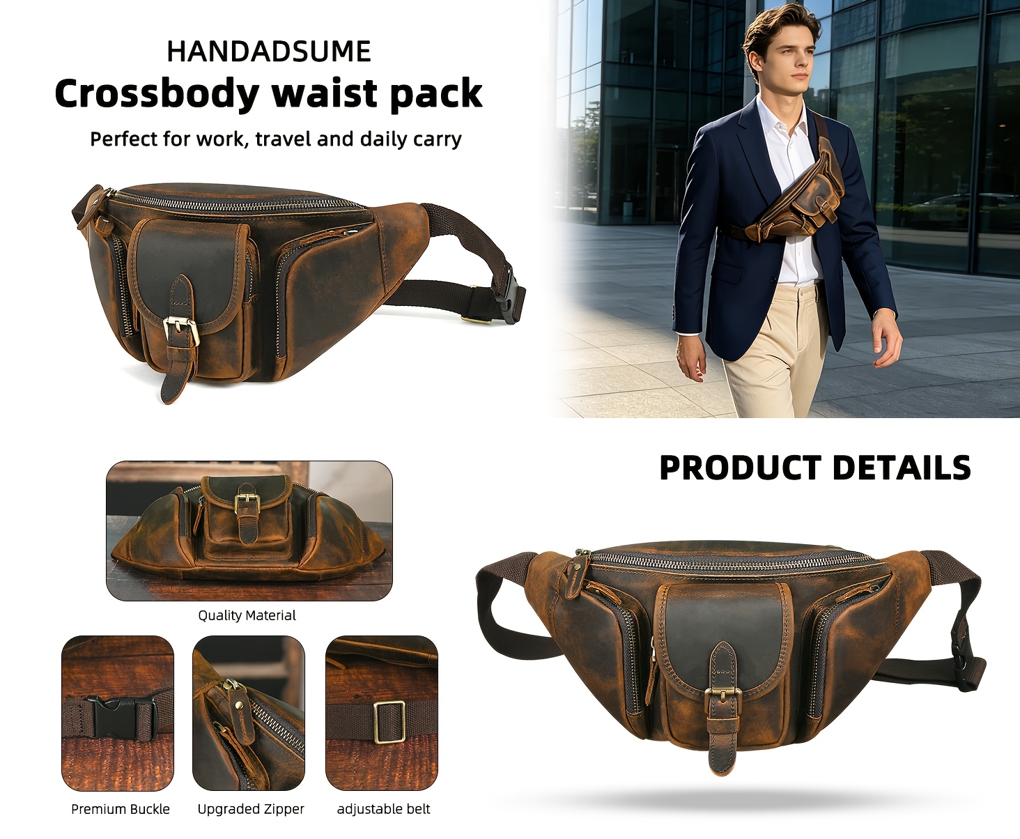 mens genuine leather large waist bag kz380 - Temu