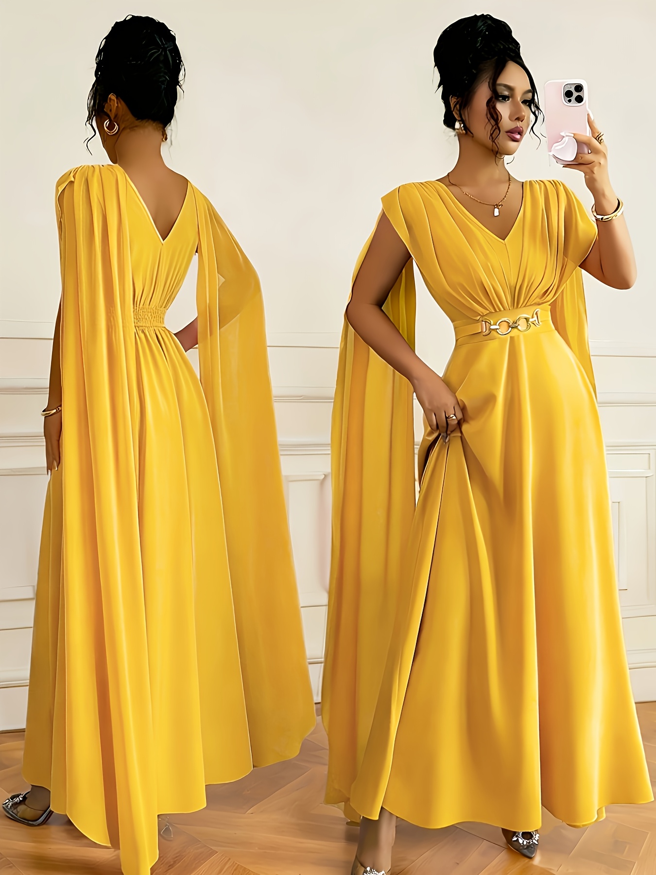 Nouveau robe plissée pour femmes, ceinture avec boucle décorative, design plissé à la taille, coupe trapèze à manches bouffantes en mousseline de soie, élégante et généreuse, idéale pour les mariages, les fêtes et les occasions décontractées