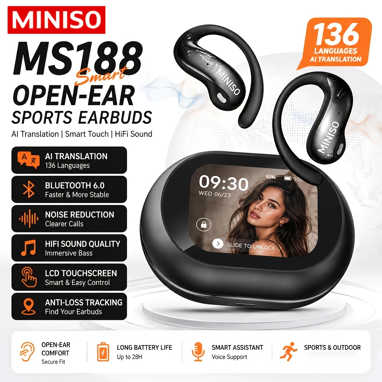 Miniso Ms188 Real-time Ai Translation Wireless Earbuds, Built-in Display, Supports 150 Languages, Hd Audio, Game Low Latency, Wearing, Extended , Headset For Travel Trade & Study