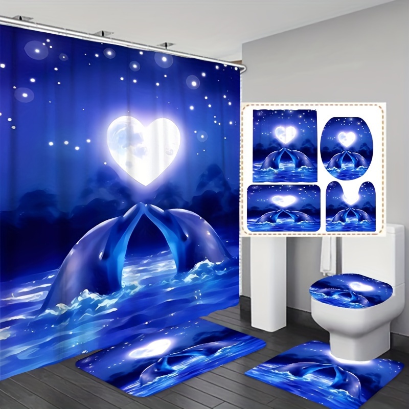 

1/3/4pcs Heart Moon Print Shower Curtain Set, Waterproof Bathroom Curtain With Free Hooks, Non-slip Rug, Toilet Lid Mat And Bath Mat, Bathroom Accessories